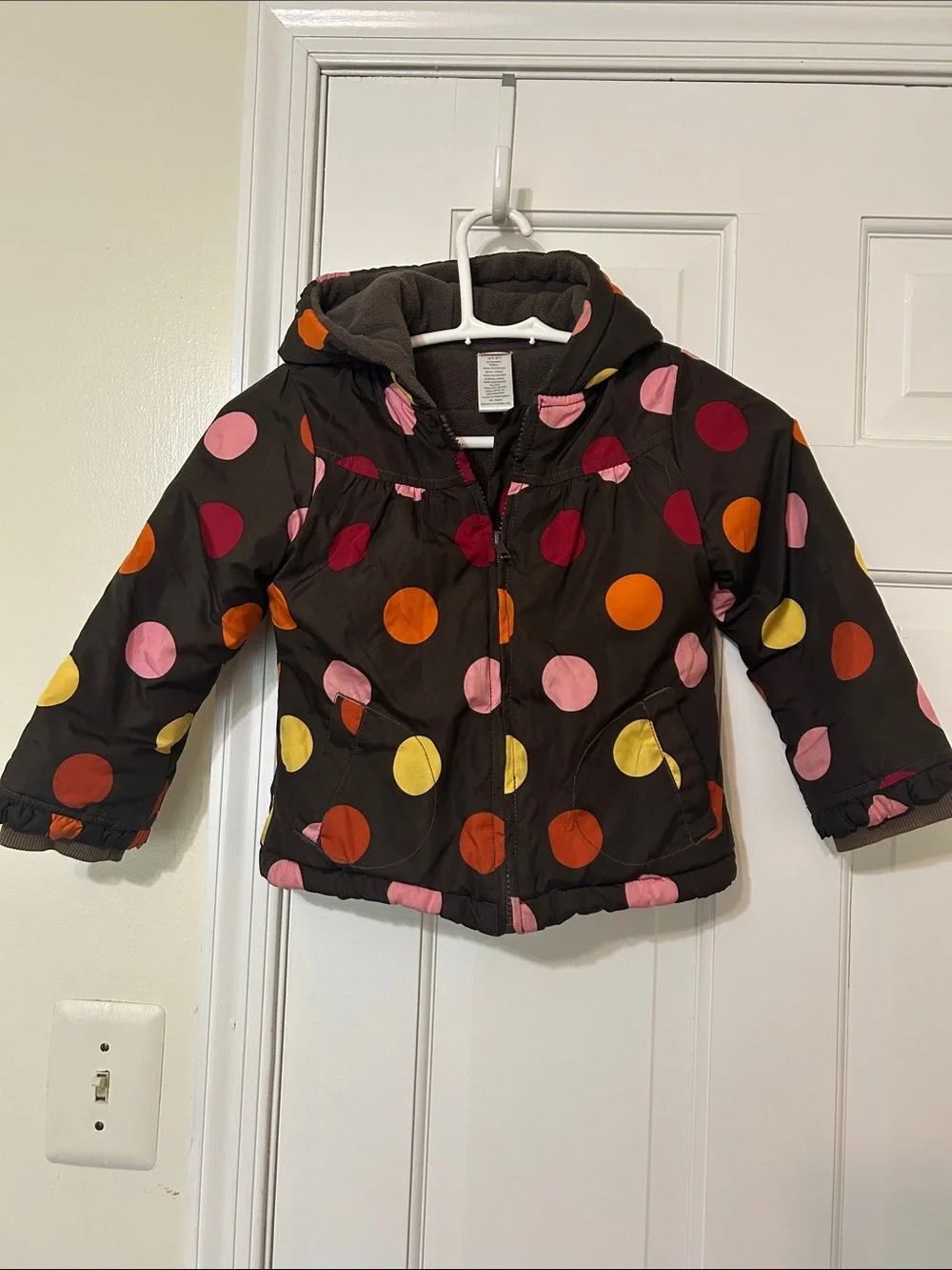 Gymboree Brown Puffer Jacket with Pink, Orange & Yellow Polka Dots